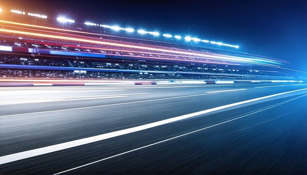 a sleek race car speeding along a lit track at night, headlights glowing, motion blur trailing under dark sky