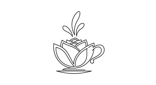 A line drawing of a teacup with leaves.