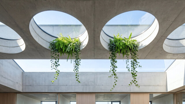 Modern minimalist concrete architecture with circular skylights and hanging green plants