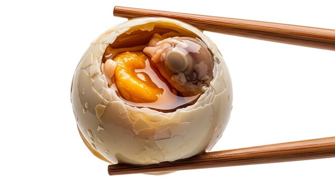 Close-up of a balut, a Filipino delicacy, being held by chopsticks against a white background