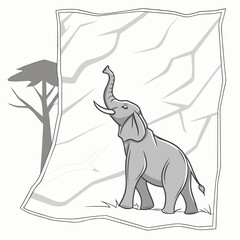 Obraz premium A gray cartoon elephant standing on grass with a tree and cracked earth background in a white outlined square frame