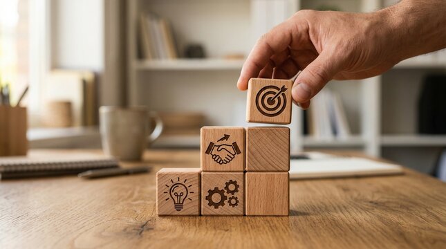Business Strategy Concept with Wooden Blocks, Target Icon, and Risk Management Symbols

