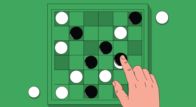 Person playing the popular strategic board game Othello or Reversi by placing a black piece on the green grid.