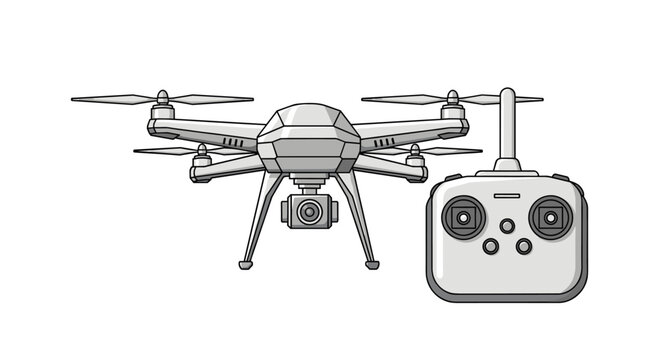 Modern silver quadcopter drone is presented alongside its black and white remote control unit on a clean and simple white background.