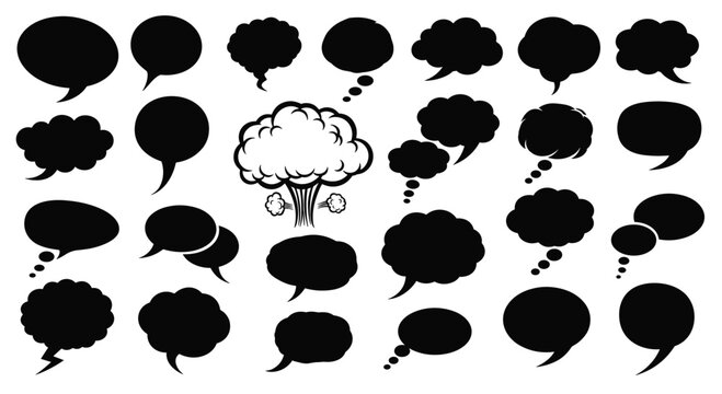 Set of various black speech and thought bubble silhouettes with different shapes including one white cloud explosion.