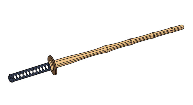 Traditional Japanese bamboo sword known as a shinai is used in kendo practice and features a leather grip and guard for martial arts training.