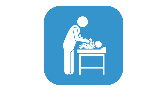 Blue and white sign depicting an adult changing a baby on a table indicates the location of a diaper changing station in public facilities.
