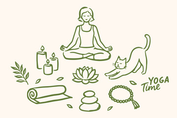 Yoga wellness doodle icon set hand drawn vector illustration