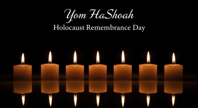 Seven glowing candles reflecting on a dark background for the annual yom hashoah commemoration