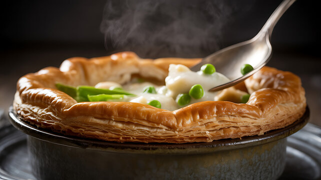 Close up view of individual chicken pot pie showing layered puff pastry and fresh green peas interior
