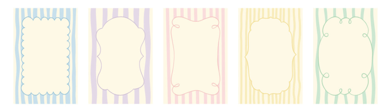Set of cottagecore hand drawn vintage posters with whimsical vertical wavy stripes. Naive french style frames. Elegant label for invitations, branding, packaging, and delicate design projects