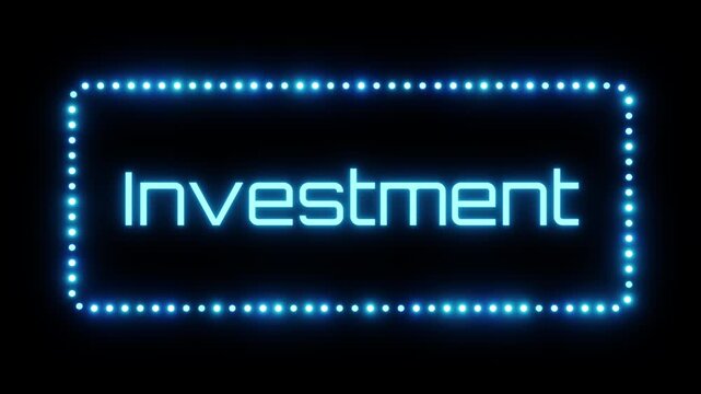 Glowing investment sign in flashing frame, 3D render. Investment background, dotted neon frame. Investments are directed into businesses, real estate to increase capital and protect against inflation