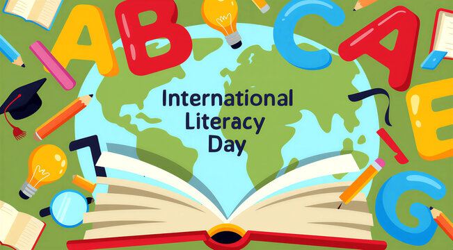 Colorful international literacy day celebration with books globe and educational icons for learning and knowledge promotion worldwide