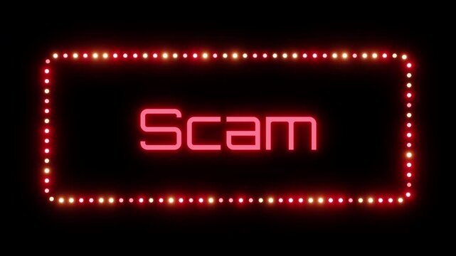 Glowing scam sign in flashing frame, 3D render. Scam background, dotted neon frame. Type of online fraud designed to steal money, personal information through deception or creation of false projects