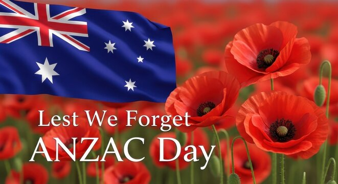 A respectful commemoration of anzac day featuring the australian flag and vibrant red poppies.