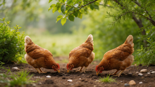 Three chickens foraging outdoors