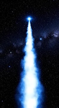 Rocket ascends vertically with luminous flame trail in deep space cosmic background vertical for reusable rocket tech space tourism or orbital mechanics campaign.
