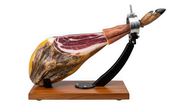 Whole spanish jamon iberico ham leg mounted on a professional wooden ham stand isolated on transparent background