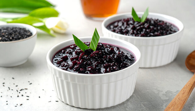 Authentic black glutinous rice dessert, Pulut Hitam, a sweet and creamy traditional Southeast Asian pudding served in white bowls, garnished with fresh pandan