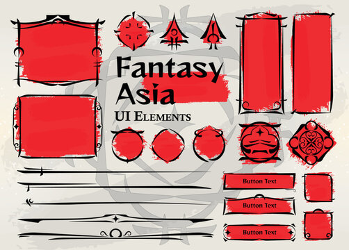 Set of Asian Fantasy Elements for user interface, poster, video. Fantasy magic HUD. Template for rpg game interface. Vector Illustration EPS10