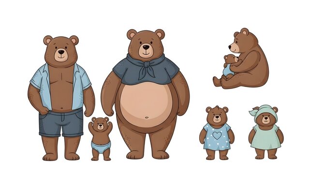 Cute cartoon bear family illustration depicting parents and their cubs in charming outfits, symbolizing love, togetherness, and playful innocence on a clean background