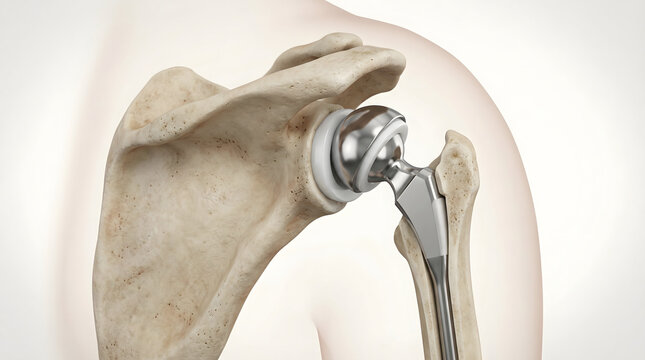 anatomical human shoulder joint reconstruction with metal prosthetic implant for total shoulder replacement surgery showing bone structure and orthopedic medical technology