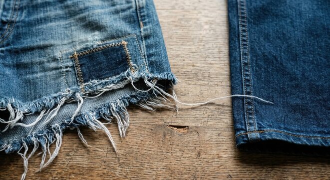 Reworked denim shorts with frayed hem and patch detail showing clothing upcycling process on wooden surface with side copy space for sustainable fashion content