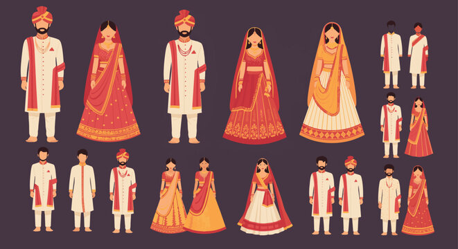Illustrated Indian Bride And Groom Couples In Traditional Wedding Attire.