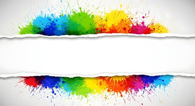 Colorful rainbow paint splatters revealed through ripped white paper edge