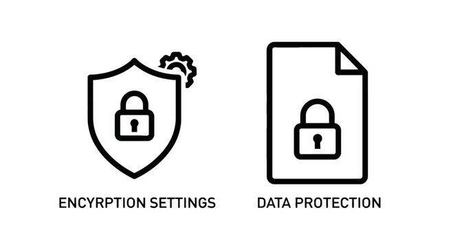 Shield with padlock and gear icons for encryption settings with data protection with authorized access with secure data with data security with confidential
