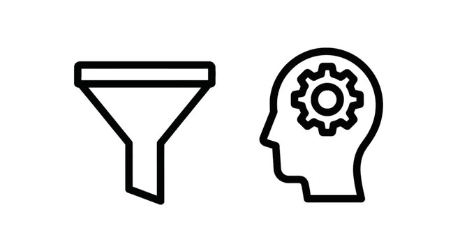 Funnel and cogwheel head icon representing data filtering and thinking with human brain with filter icon with mind icon with process icon with information