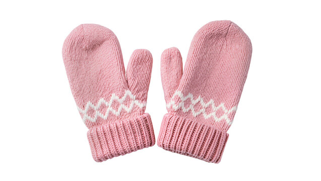 Pink knitted mittens with white zigzag pattern