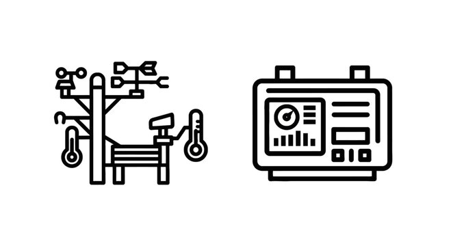 Weather station instruments including anemometer, wind vane, thermometer and data display panel icons, black and white, climate change