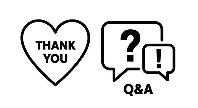 Thank you heart and q&a speech bubble icons for communication, feedback, and customer engagement, q and a, customer service, line art