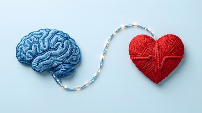 emotional intelligence concept with blue yarn brain and red heart connected by glowing electric cable representing balance between logic and emotion on blue background