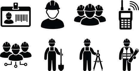 Construction worker icons depicting identification communication and field work © Rengki