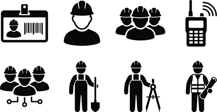 Construction worker icons depicting identification communication and field work