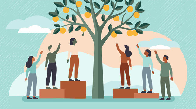 Diverse group reaching for fruit from a tree, symbolizing equity and opportunity
