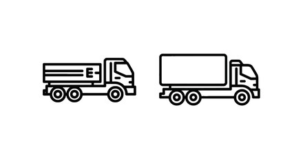 Fototapeta premium Vector line icons of commercial delivery trucks and heavy cargo vehicles for logistics transportation and global shipping industry services