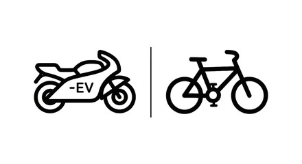 Obraz premium Black line art icons of an electric motorcycle with ev label and a traditional mountain bike for sustainable transportation concepts with eco friendly