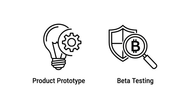 Business development icons for product prototype phase with light bulb and gear and beta testing with crypto security shield and magnifying glass