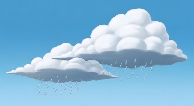Charming cartoon illustration featuring two fluffy clouds, one white and one grey, gently raining against a serene blue sky, perfect for weather forecasts or children's designs