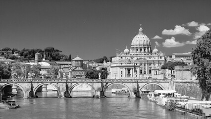 Fototapeta premium St. Peter's Basilica and Ponte Sant'Angelo in Black and White - Rome Cityscape