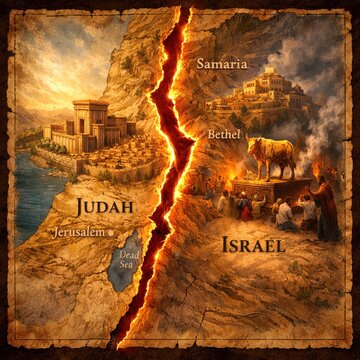 The split of the united kingdom into Judah with Jerusalem and Israel with Samaria and Bethel &mdash; a biblical map of the division of ancient Israel with idolatry in the style of epic illustration