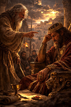 The prophet Samuel with a staff points at King Saul in a crown sitting on a throne &mdash; a dramatic biblical scene of divine judgment