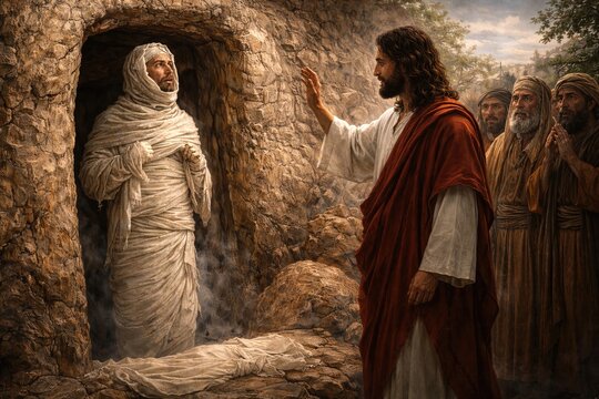 Jesus Christ raises Lazarus wrapped in burial shrouds near a stone tomb in the presence of witnesses &mdash; a biblical scene of a miracle in the style of classical painting