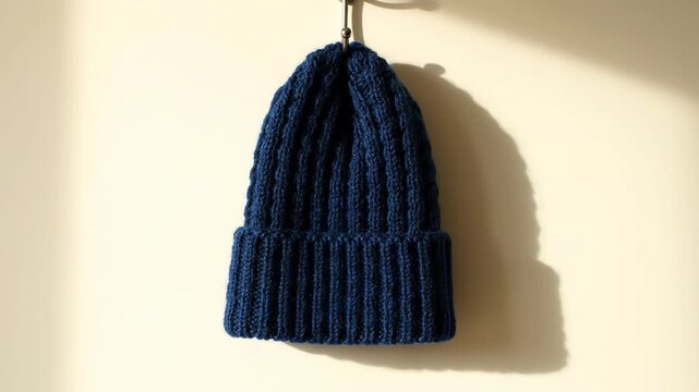 A dark blue knitted hat hangs by its top on a hook. The shadow creates a geometric shape on the cream-colored wall