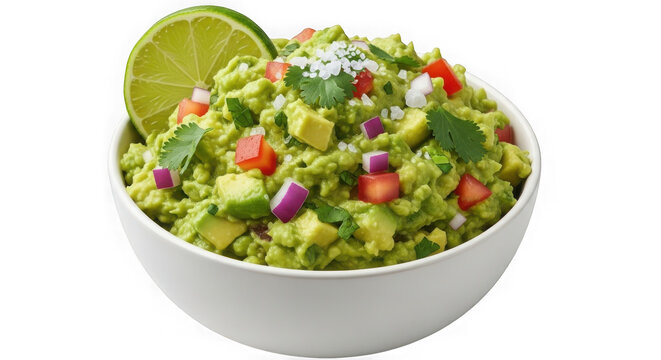 Fresh homemade guacamole dip with chunks of avocado, tomato, onion, and a lime slice in a white bowl isolated on transparent background
