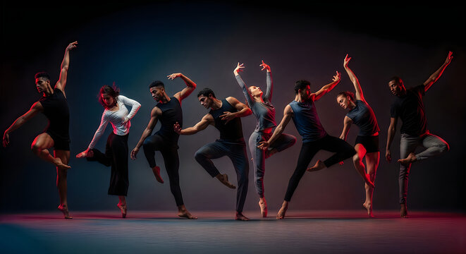 Diverse group of contemporary dancers performing synchronized ballet moves on stage.