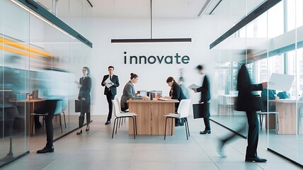 Fototapeta premium Diverse team collaborating in modern office with innovation sign and natural lighting